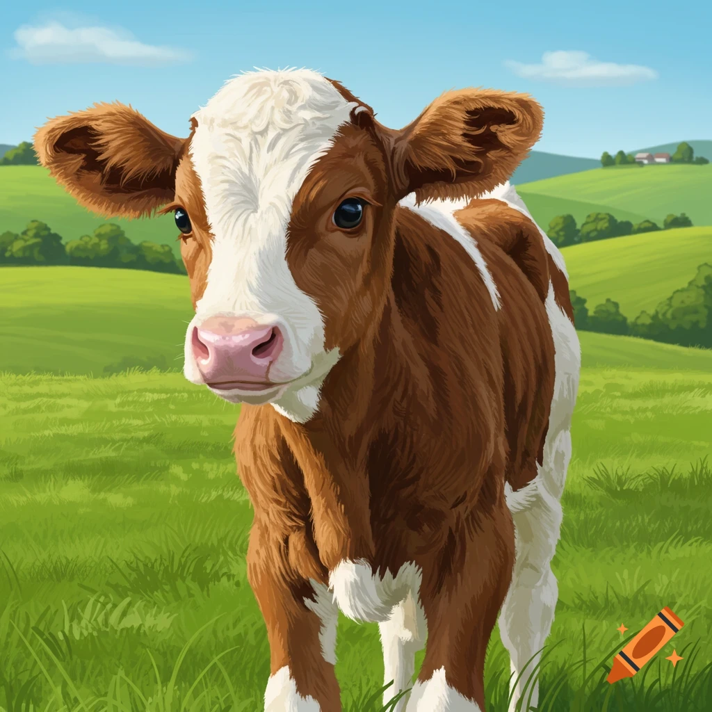 A brown and white calf stands in a green field.