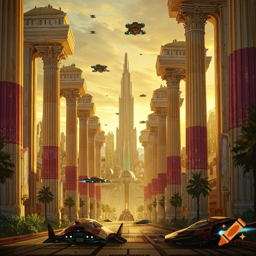 Futuristic city with large columns, tall central tower, flying vehicles, and hovercars on a road, at sunset.