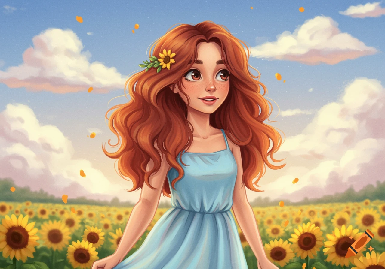 A girl with auburn hair in a blue dress stands in a sunflower field.