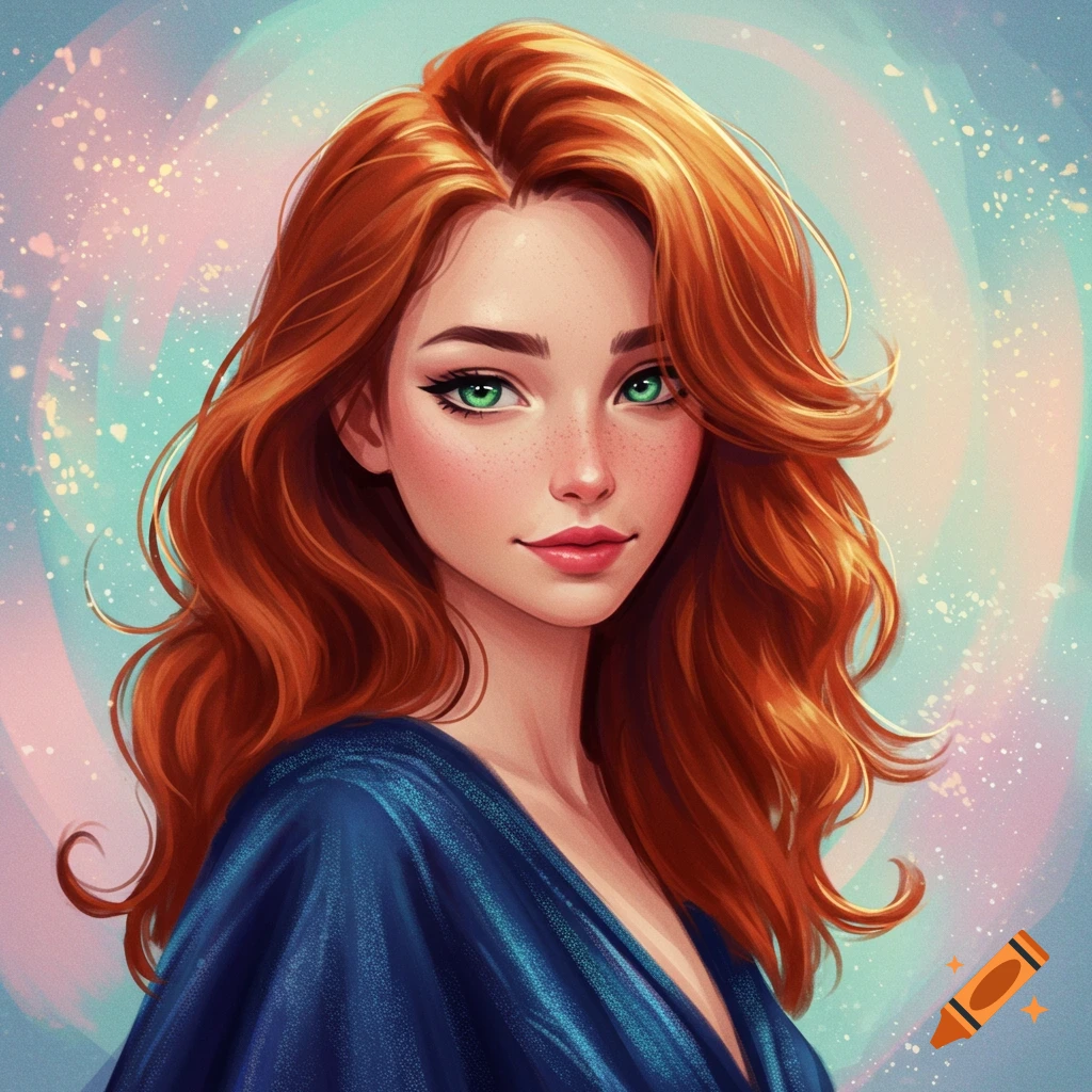 A portrait of a young woman with long red hair and green eyes wearing a blue dress.