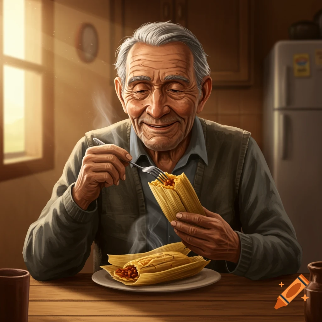Painting of a smiling old man eating tamales at a table