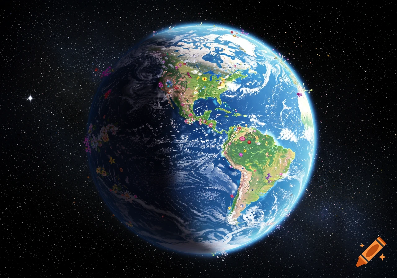 Earth from space, covered in colorful flowers.