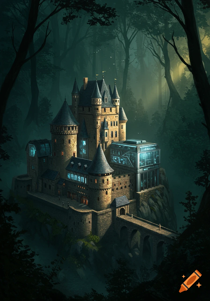 A medieval-style castle with modern high-tech sections, surrounded by dark, deep forest.