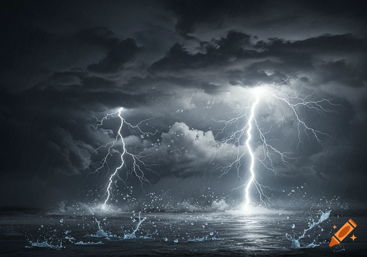 A violent storm with rain and lightning striking the sea.