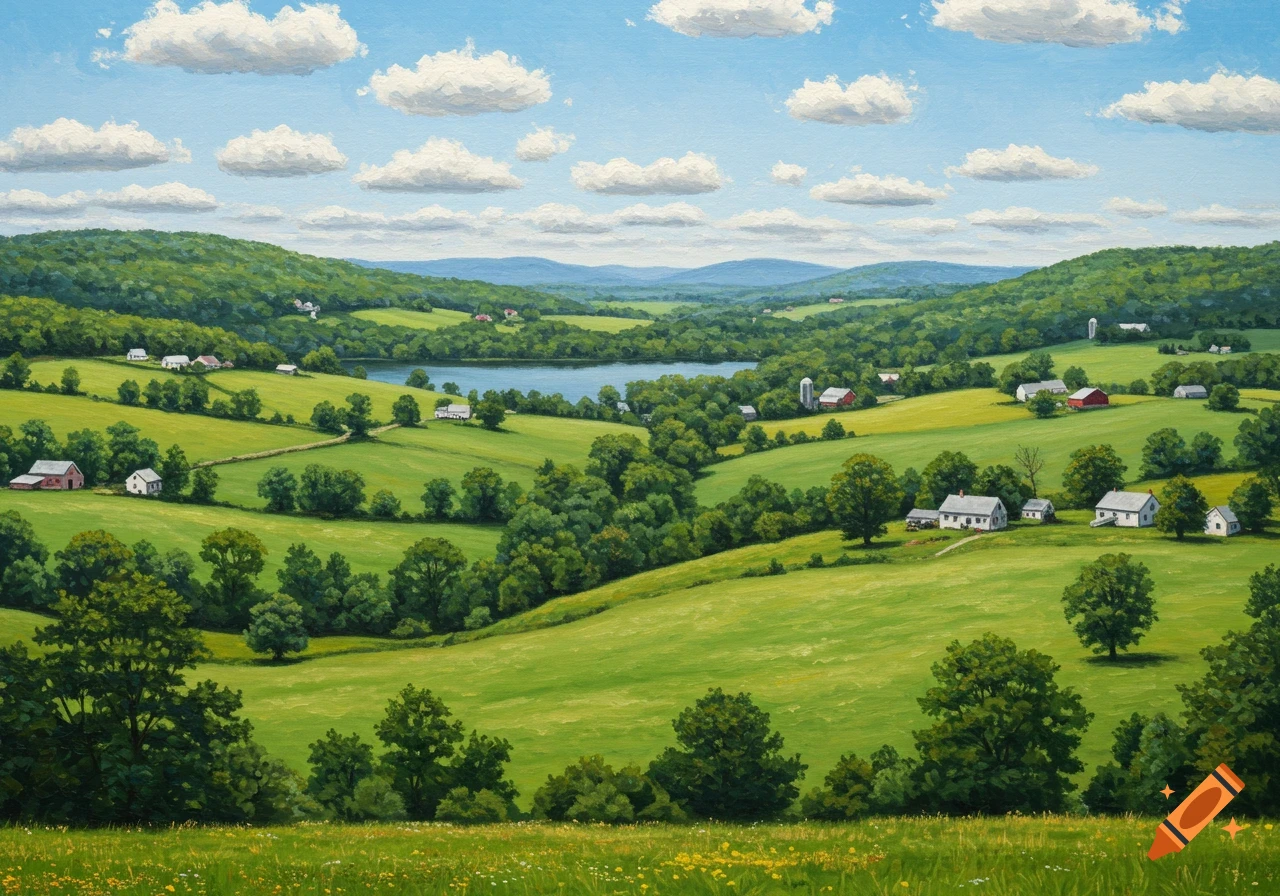 A painting of a rural landscape with rolling green hills, houses, barns, a lake, and a blue sky with clouds.