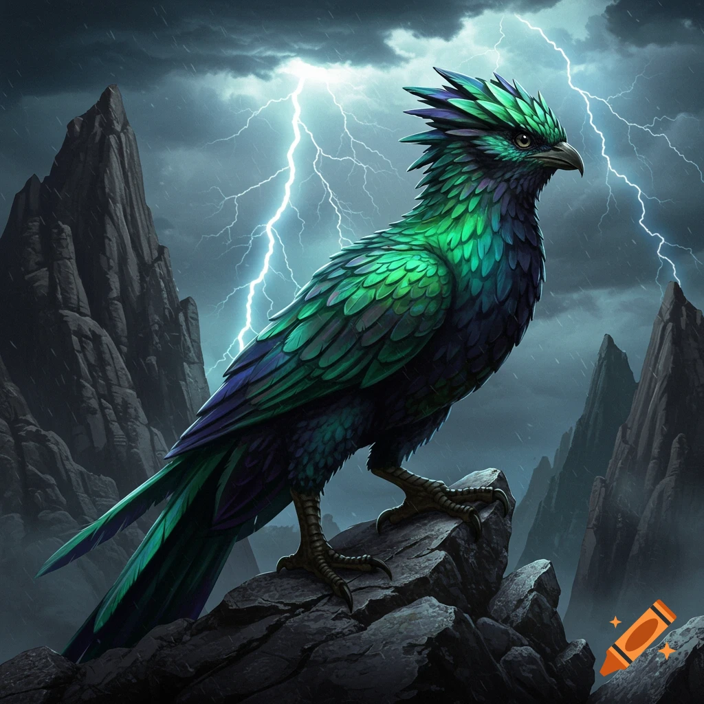 A vibrant green and blue fantasy bird perches on a rock against a stormy sky with lightning.