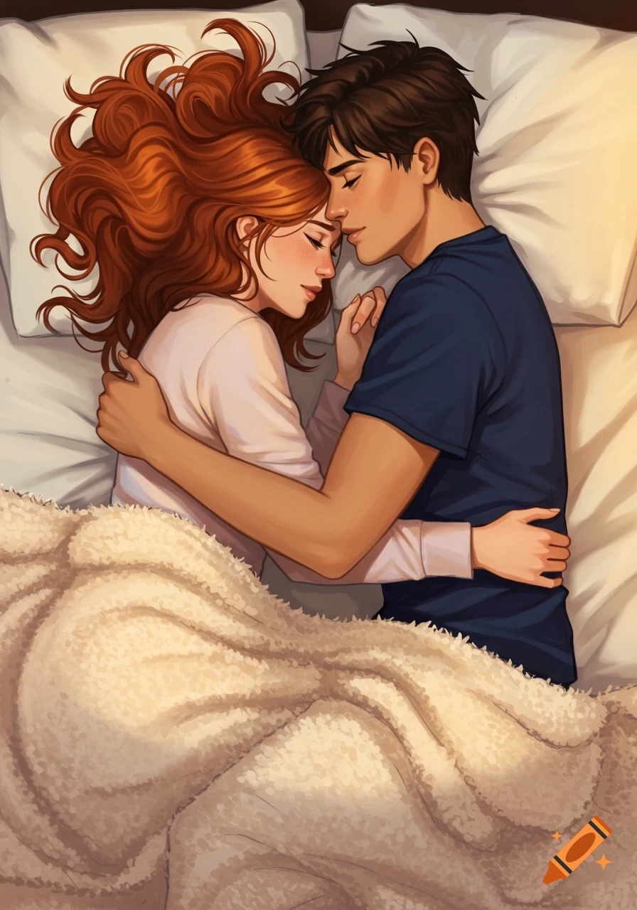 A couple is cuddling in bed