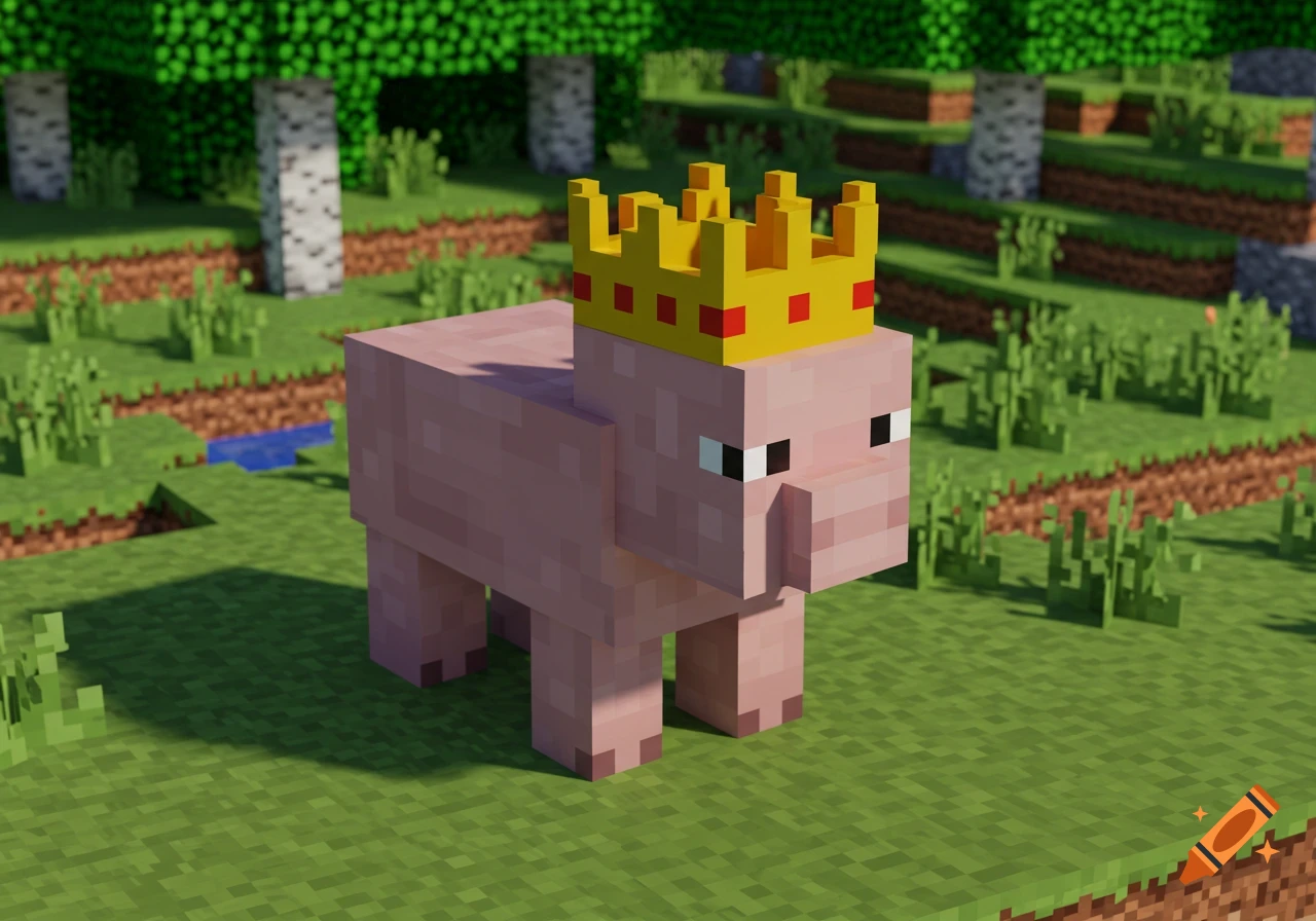 A blocky pink pig wearing a golden crown in a Minecraft-like forest.