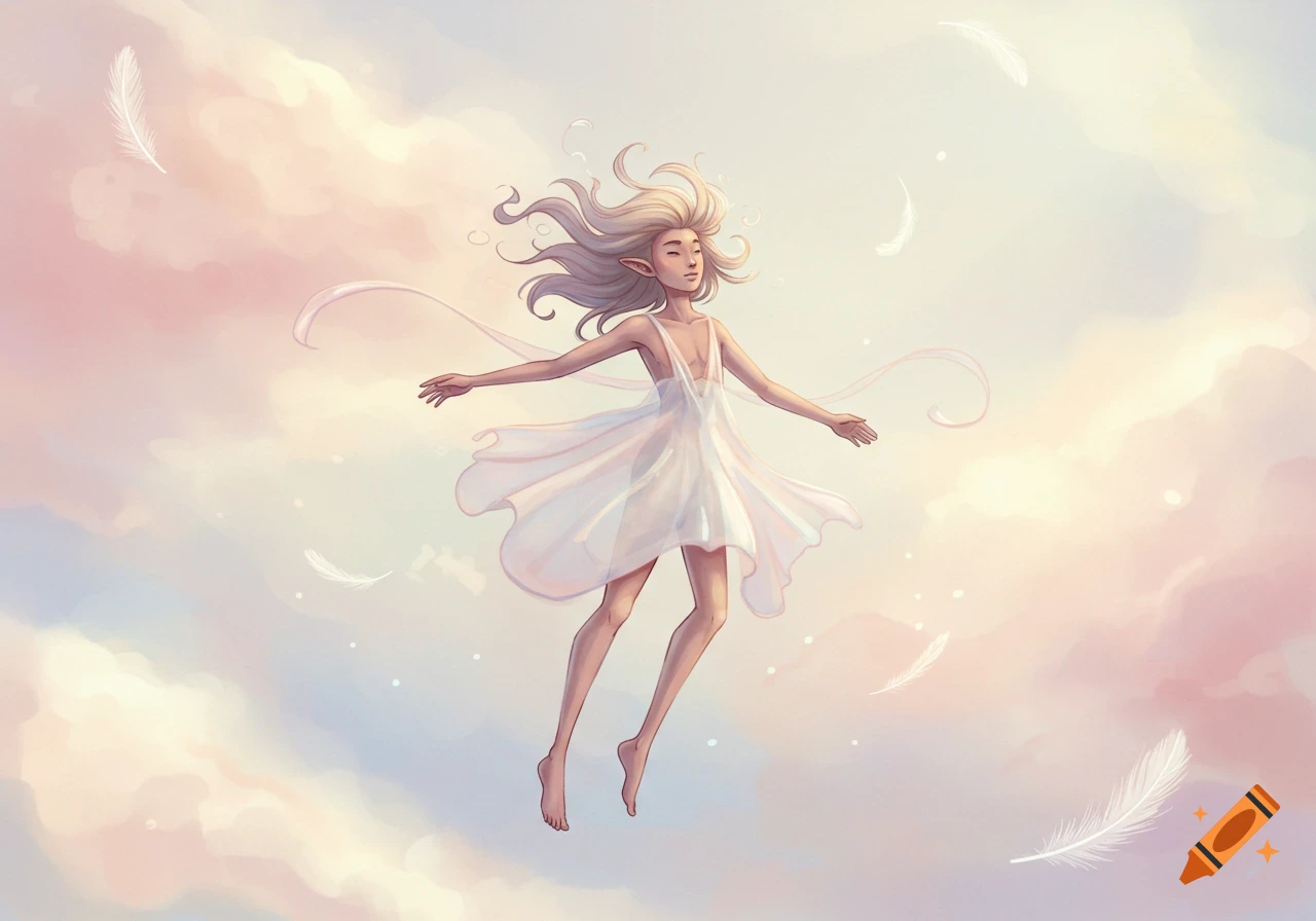A whimsical person floats in the sky with feathers and pastel clouds