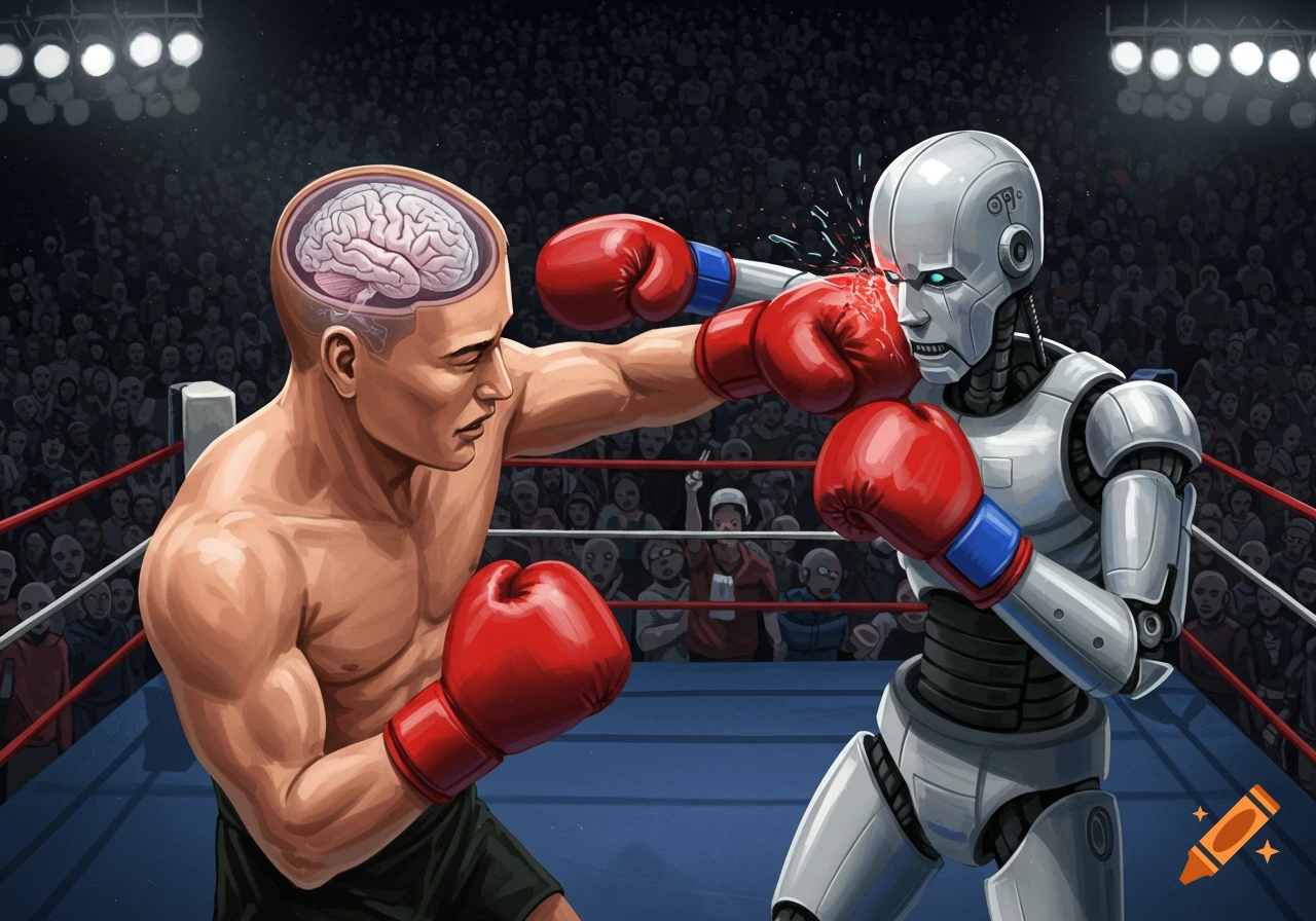 A human with a visible brain is boxing a robot in a ring.
