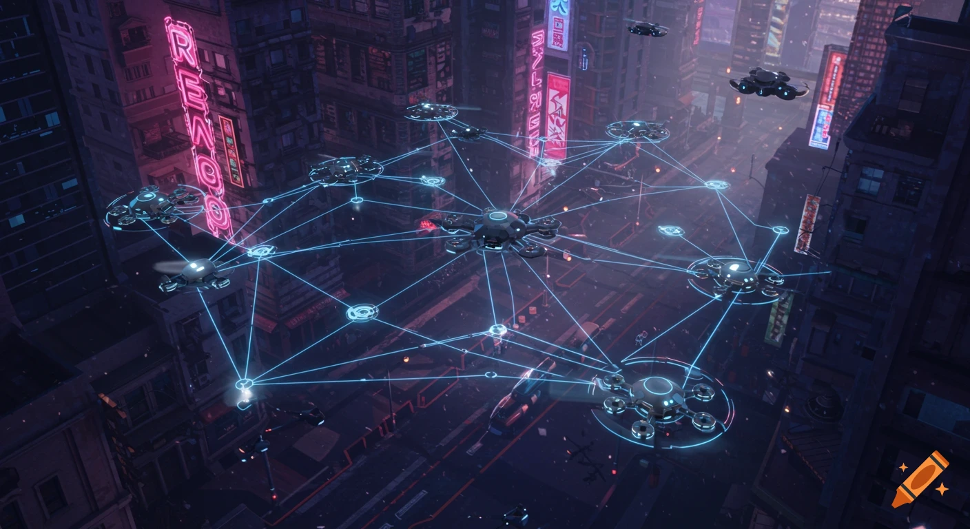 Futuristic drones forming a network over a neon-lit cyberpunk city at night