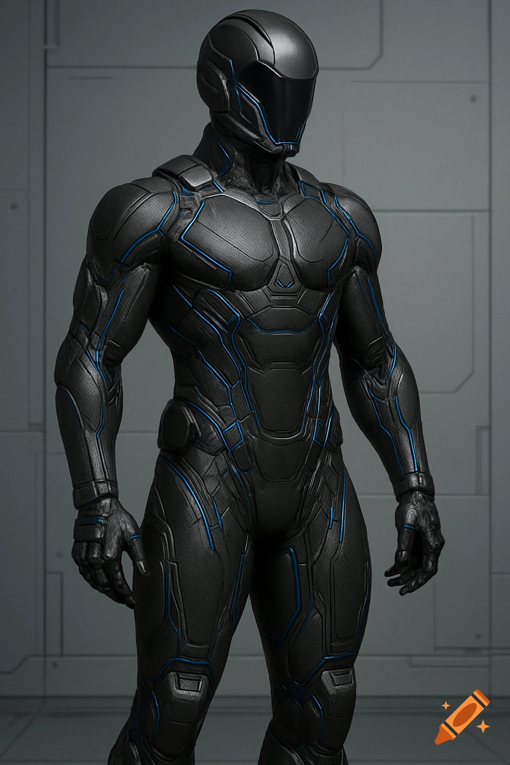 Concept art of a futuristic black tactical body suit with blue accents.