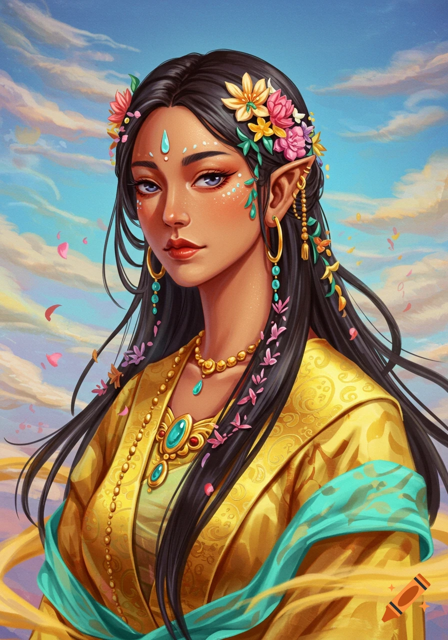 A fantasy character with long dark hair, elf ears, flowers, golden jewelry, and a golden dress stands against a cloudy sky.