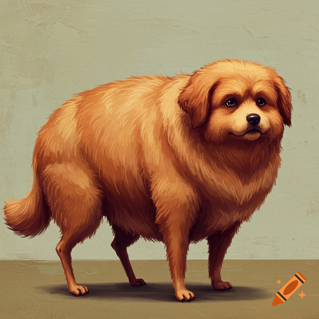 A fat, fluffy orange dog with very thin legs stands on a floor.