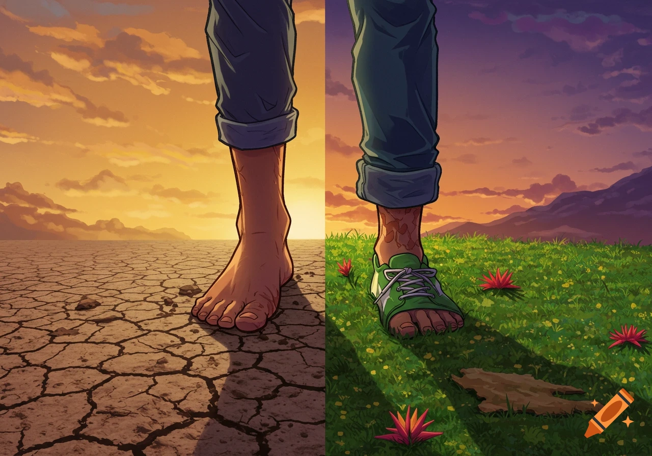 Illustration contrasting a bare foot on dry cracked earth with a shoe on green grass.