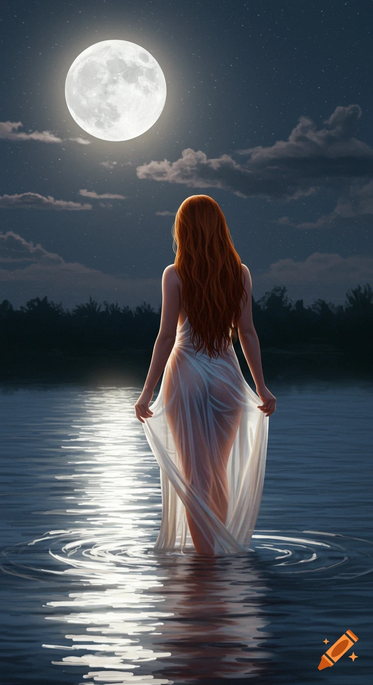 A woman in a sheer dress stands in water under a full moon at night.