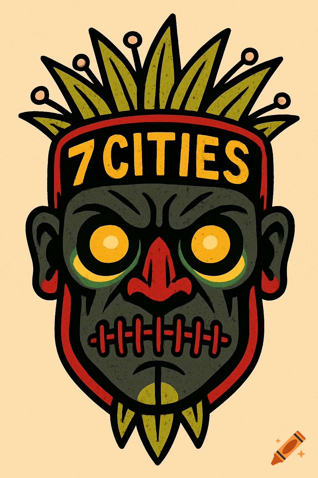 Cartoon illustration of a voodoo mask with '7 CITIES' text on forehead.