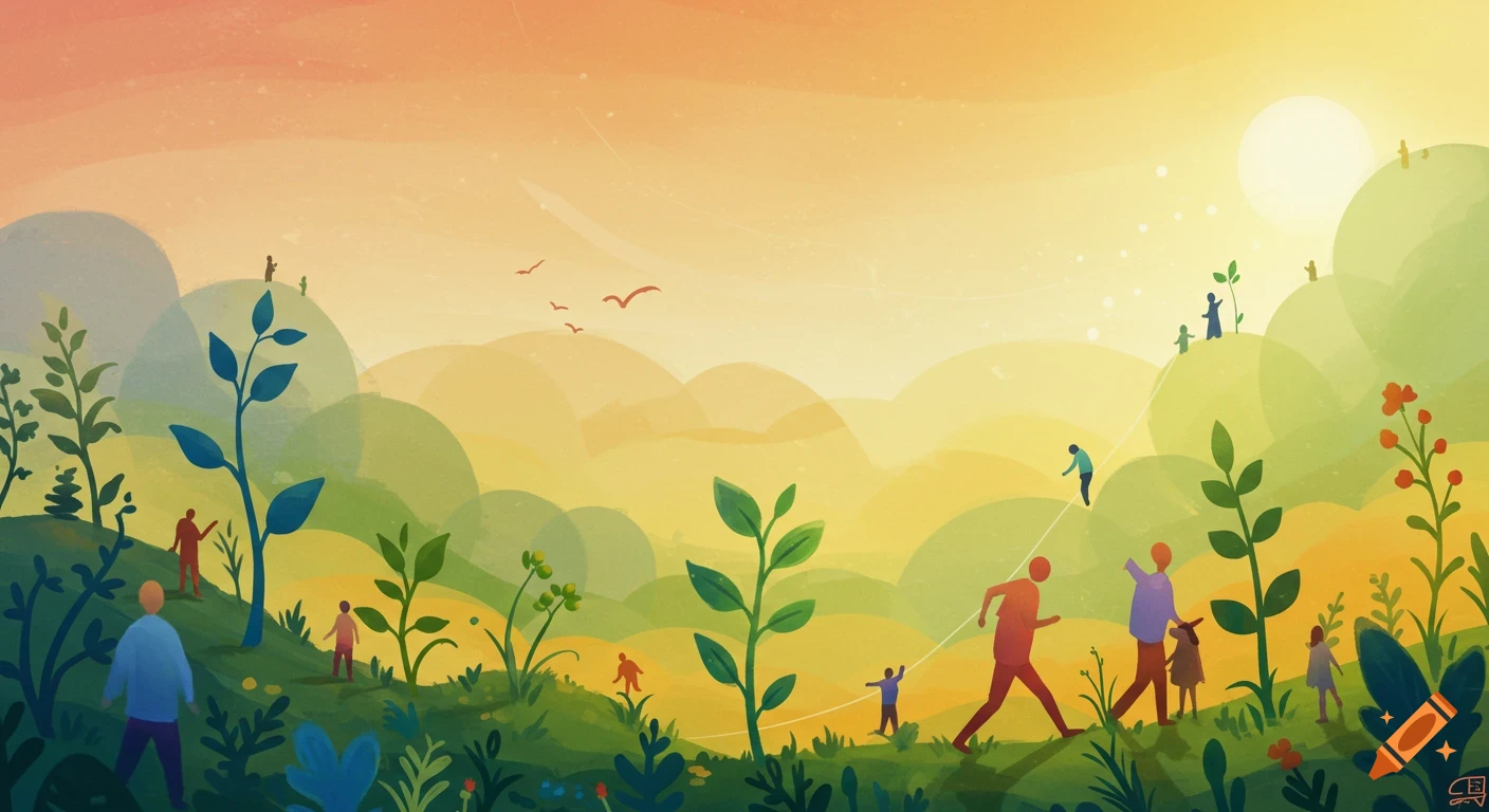 Colorful abstract of figures walking among plants and hills at sunset.