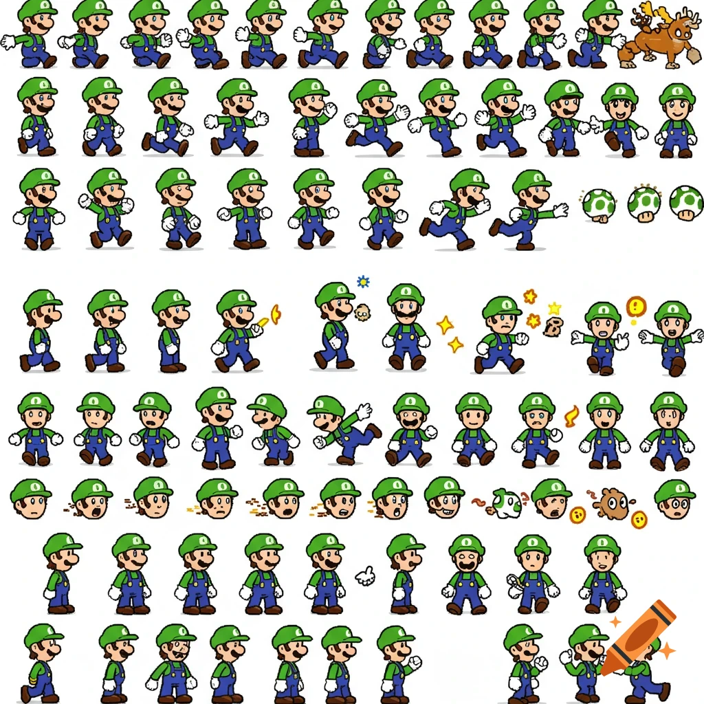 Pixel art sprite sheet of Luigi in various poses.