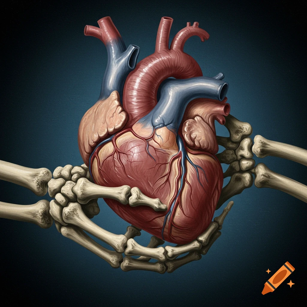 Painting of an anatomical heart held by skeleton hands.