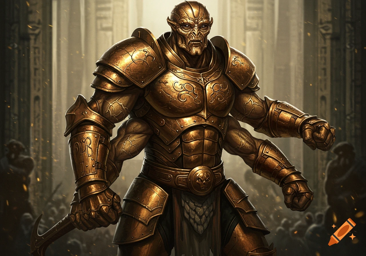 Bronze four-armed creature in ornate golden armor stands in a grand hall.