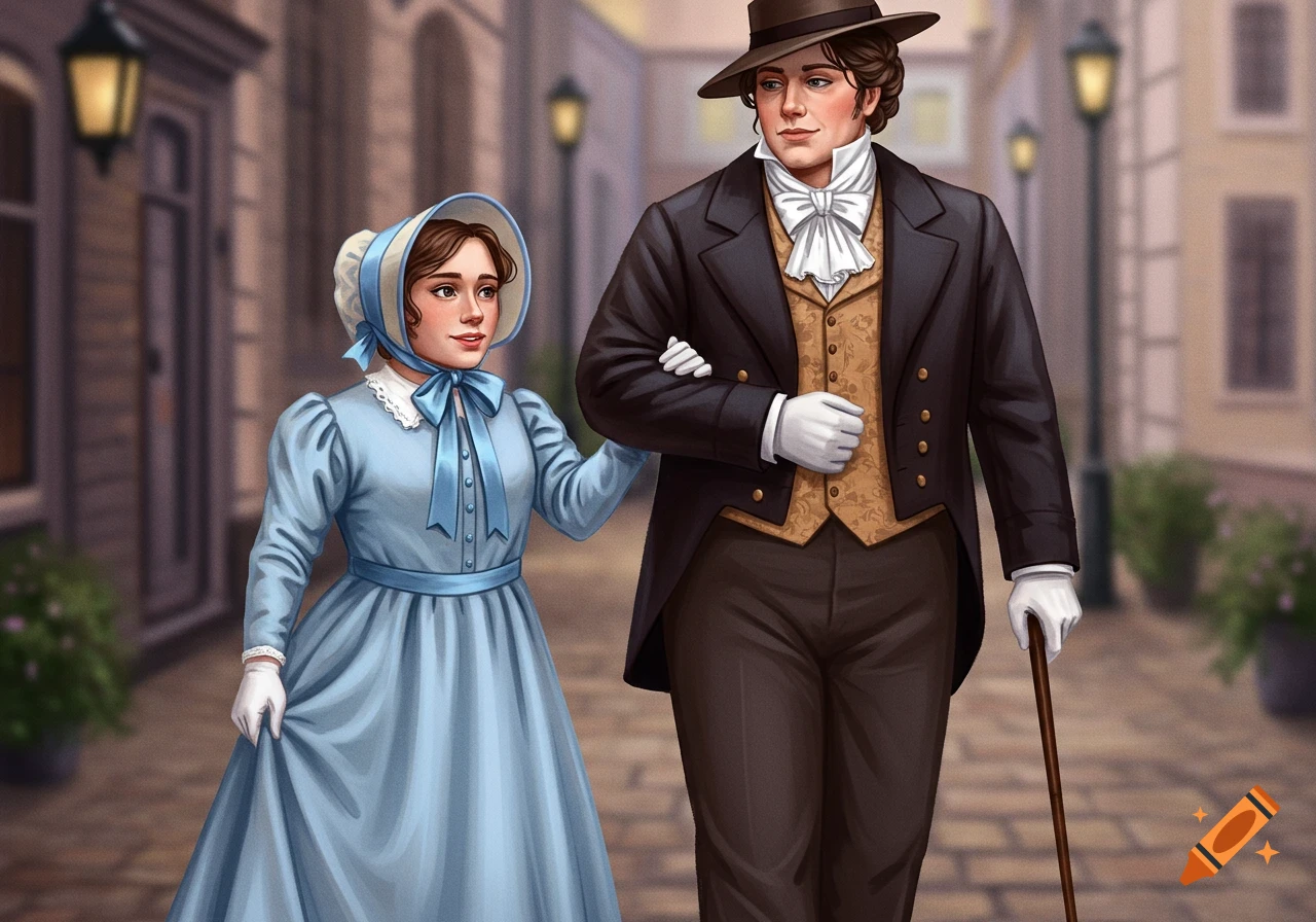 A couple in 1800s clothing walk on a street.