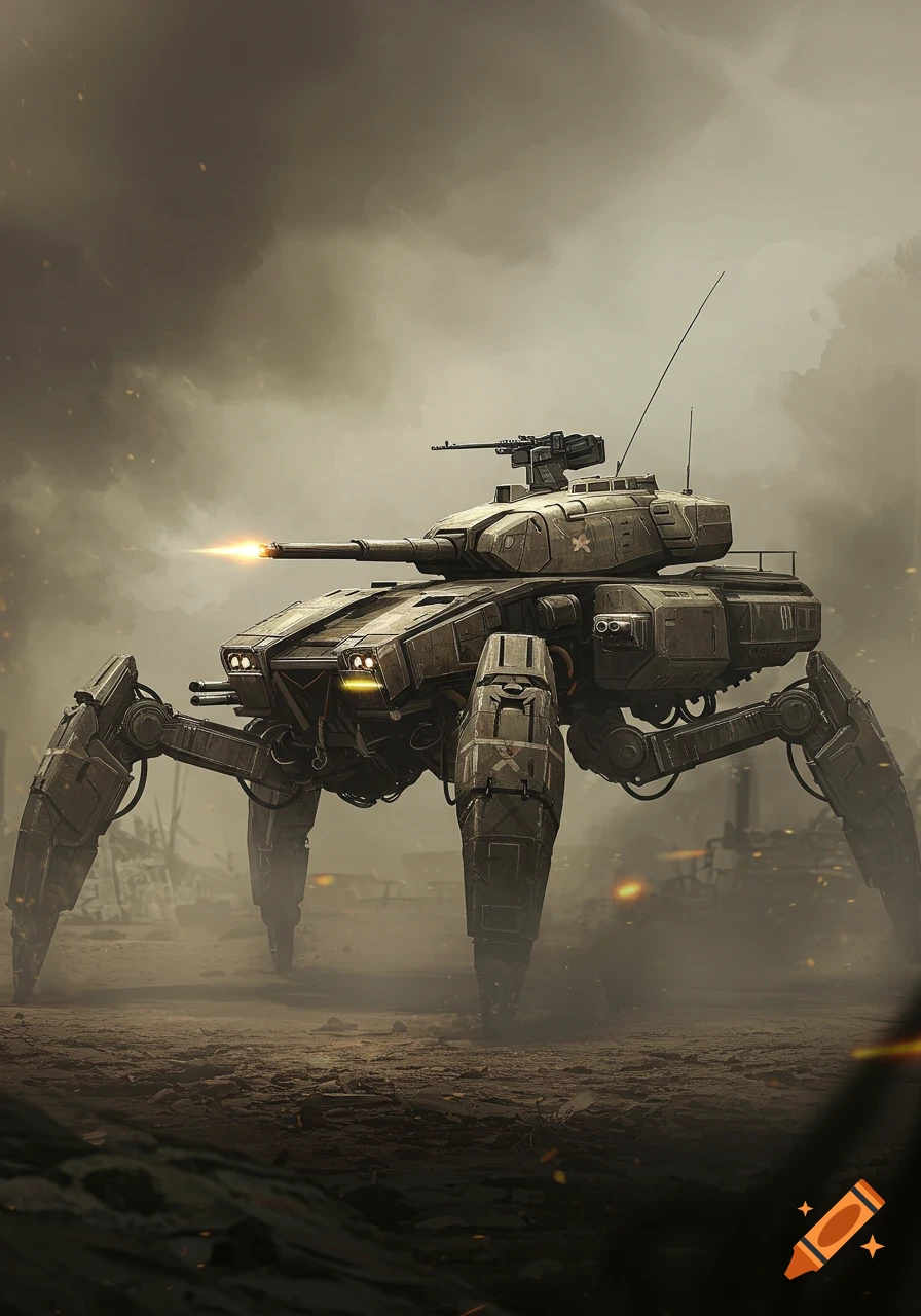 A spider tank fires its cannon in a desolate, smoky landscape.