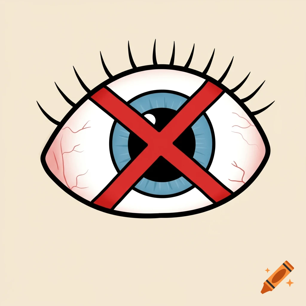 Cartoon illustration of an eye with a red cross covering it