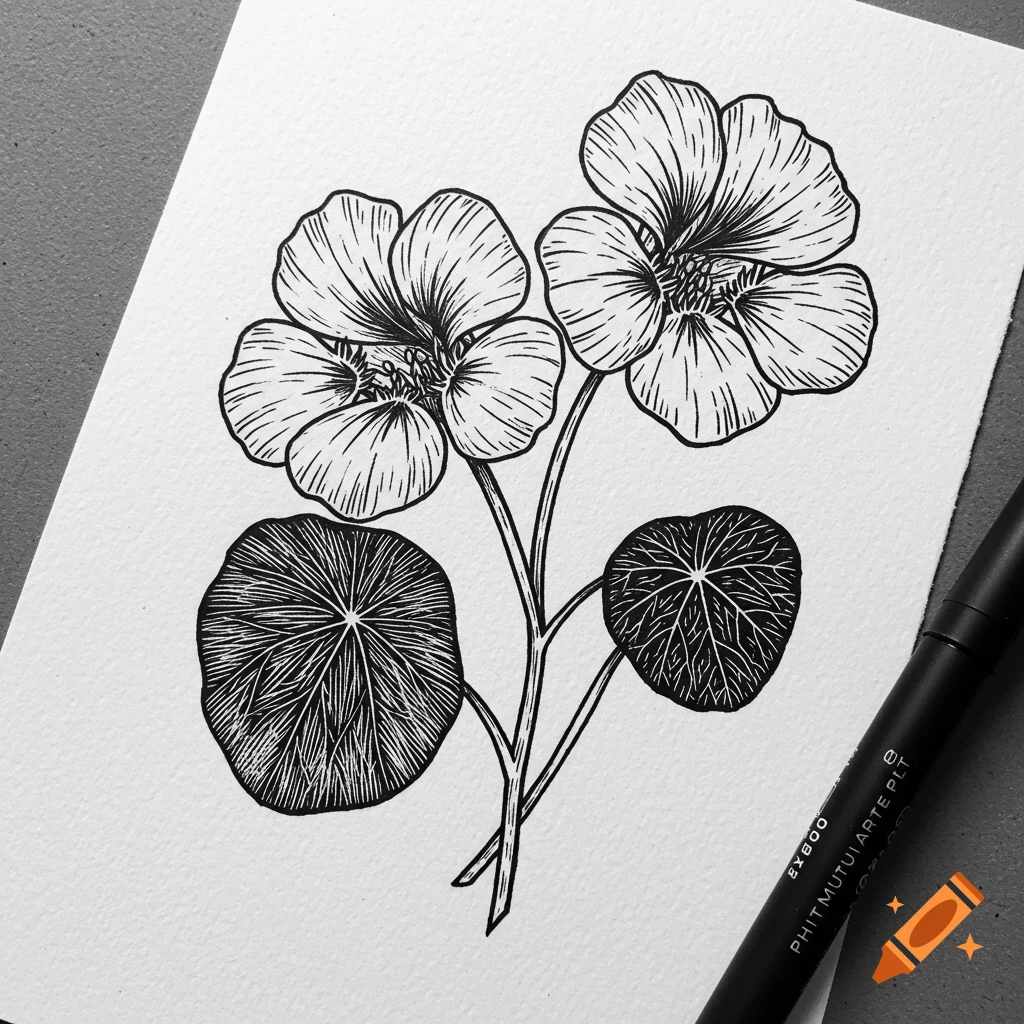 Black and white illustration of nasturtium flowers and leaves in a woodcut style.