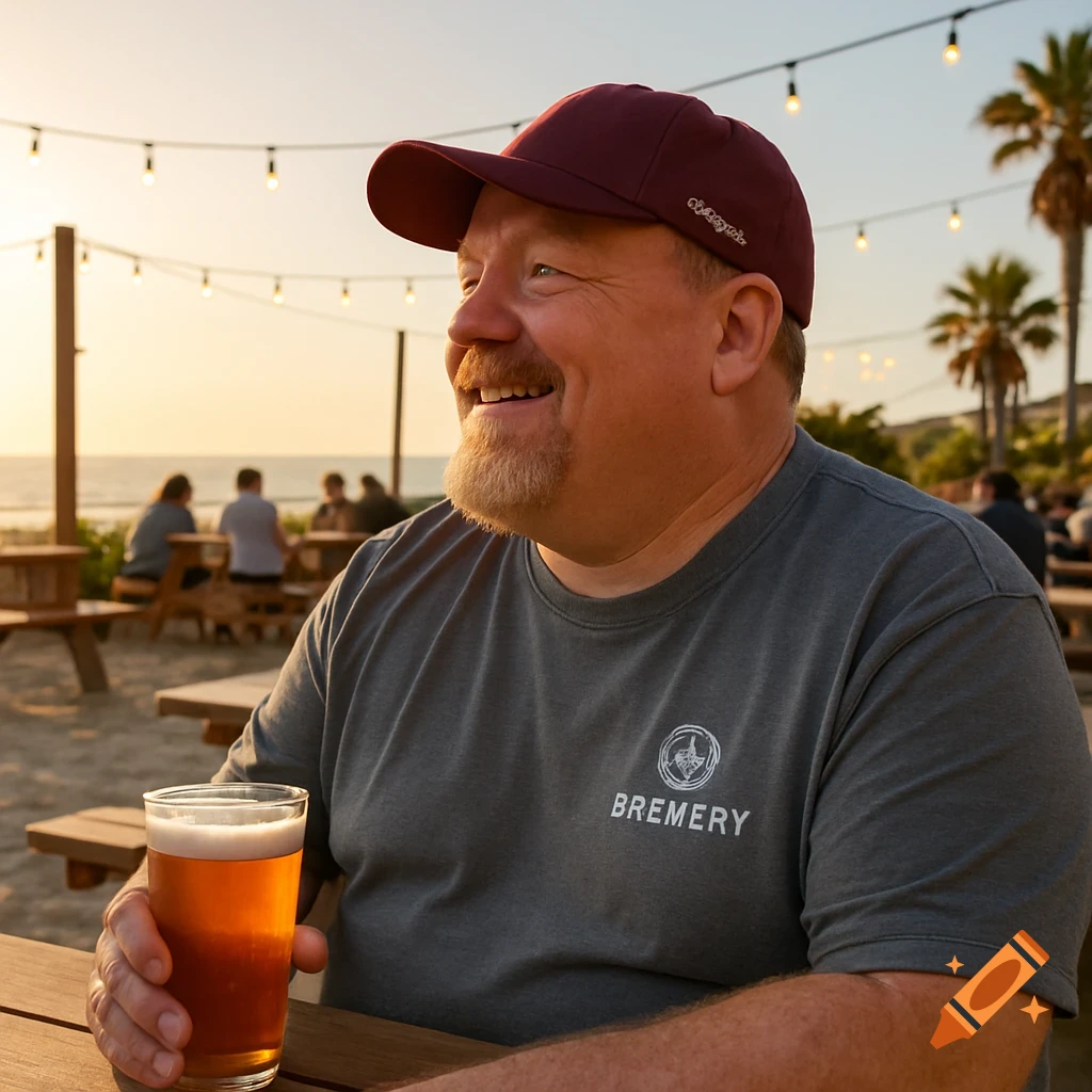 Man smiling, holding a beer at a beachside brewery during sunset.