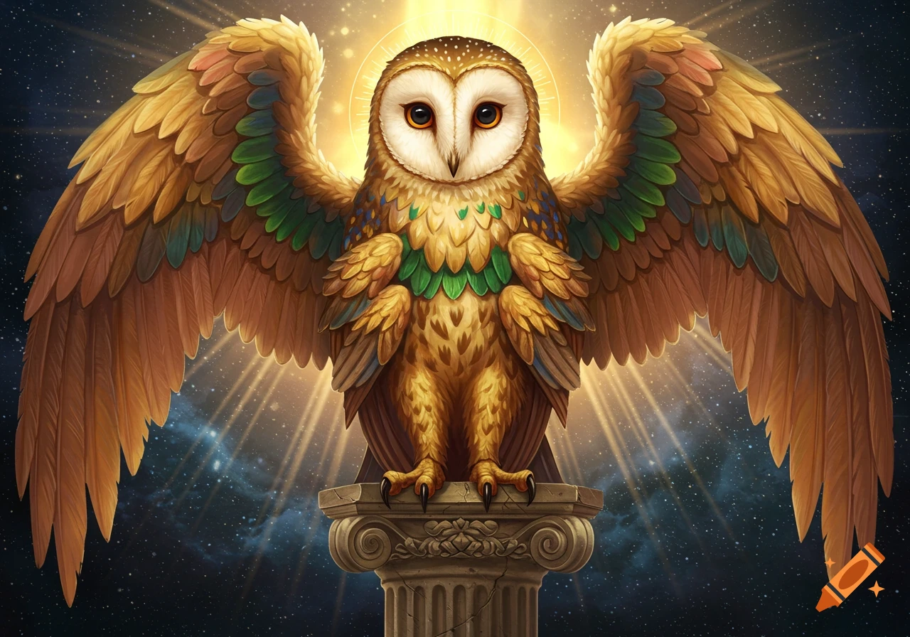 A winged owl with a halo is perched on a pillar against a cosmic background.