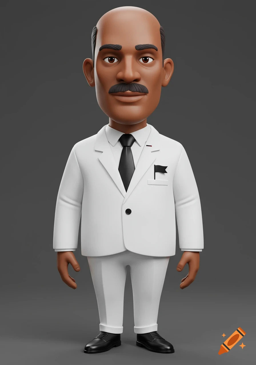 3D cartoon of a bald man with a mustache in a white suit and black tie