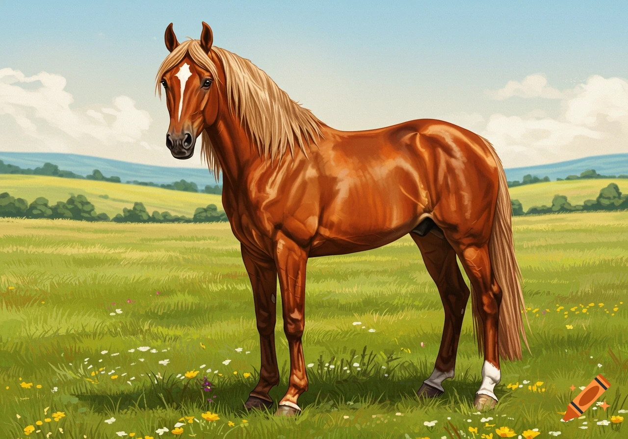 A brown horse with a blonde mane stands in a grassy field under a blue sky.