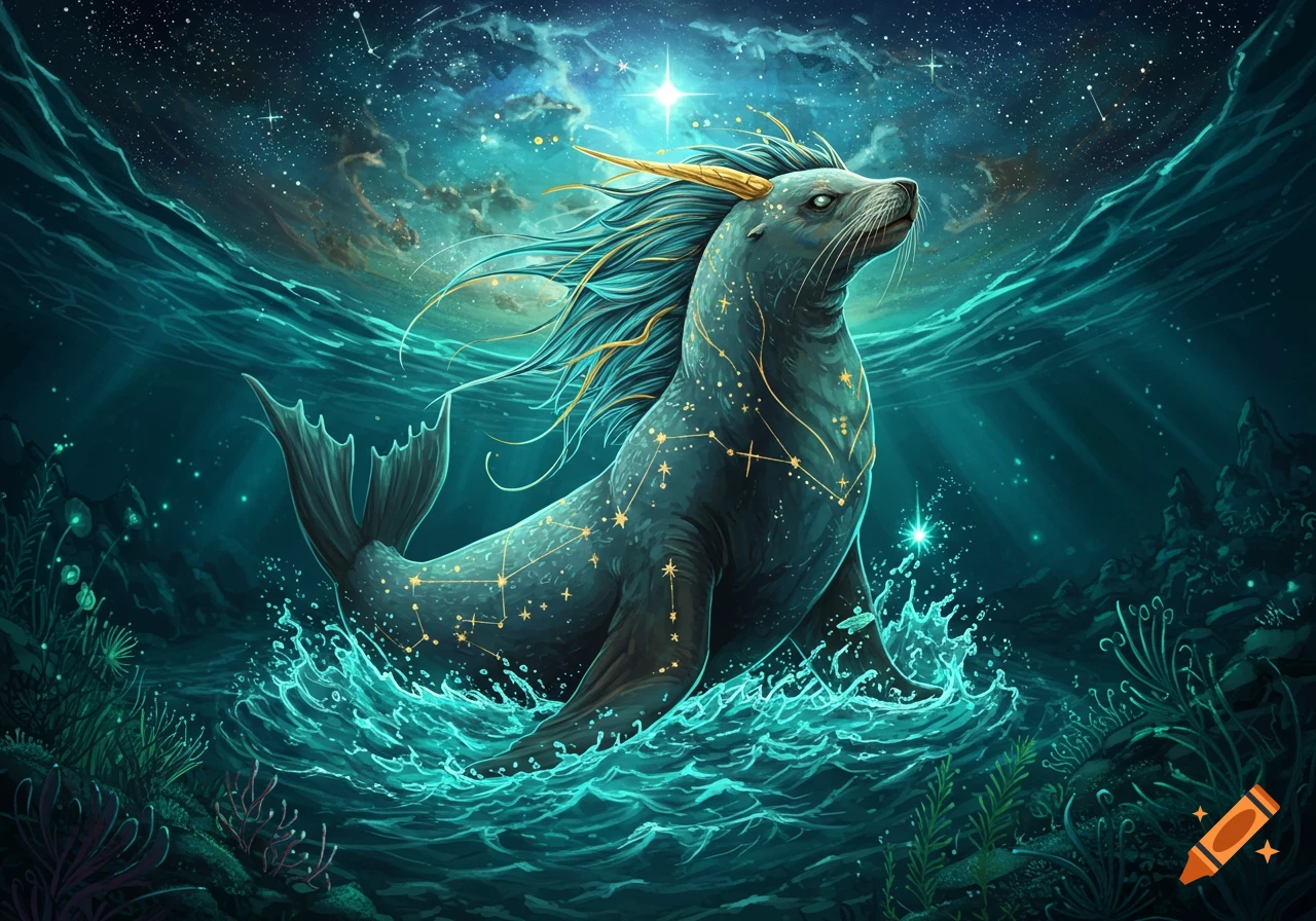 A mythological sea-lion with golden mane and constellation patterns rises from the water under a starry sky.