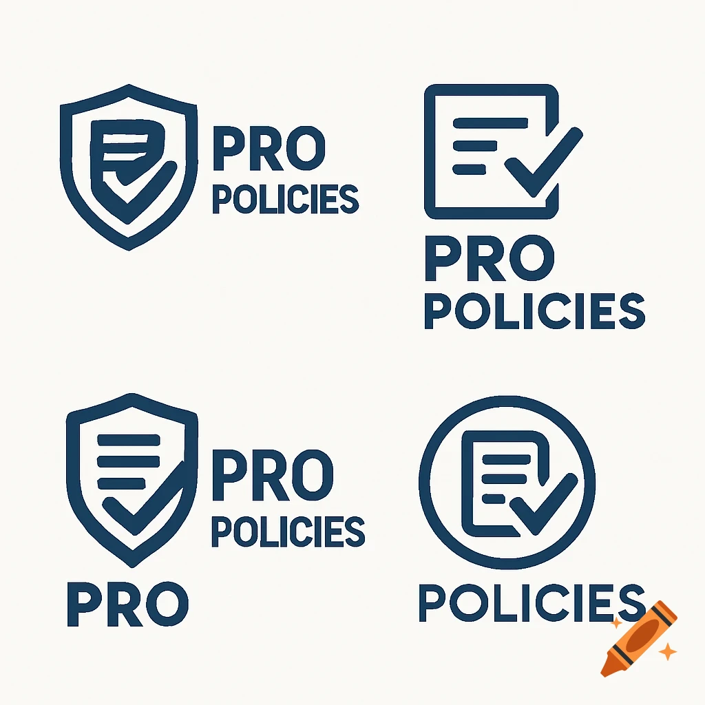 Four dark blue logos for Pro Policies with checkmarks on a light background.
