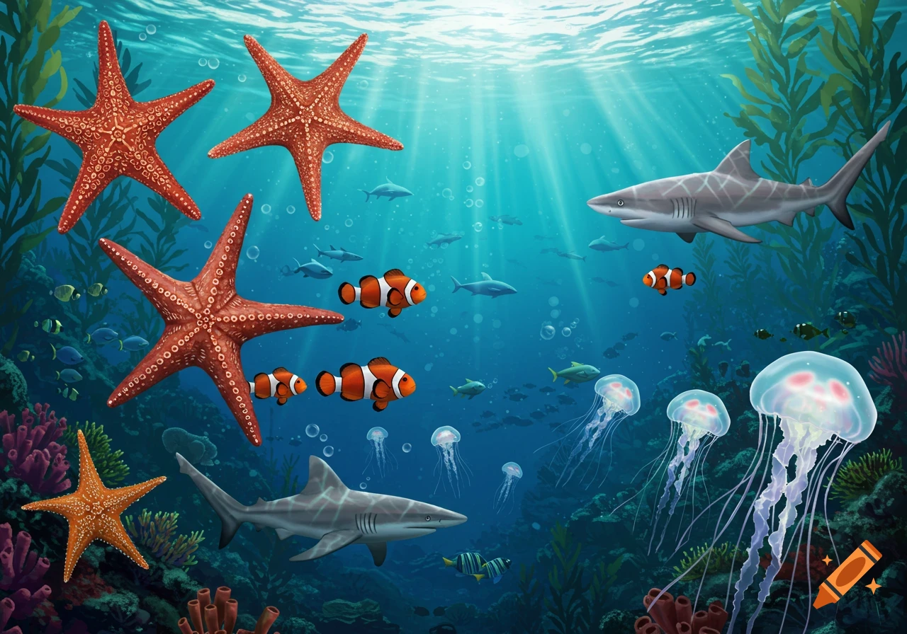 An underwater scene with starfish, clownfish, sharks, and jellyfish among coral and seaweed.