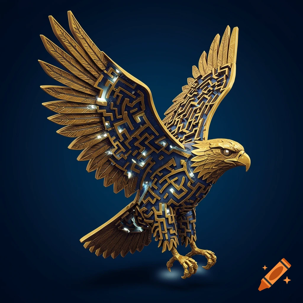 A golden eagle in flight, its body and wings formed from a complex blue and gold maze pattern.