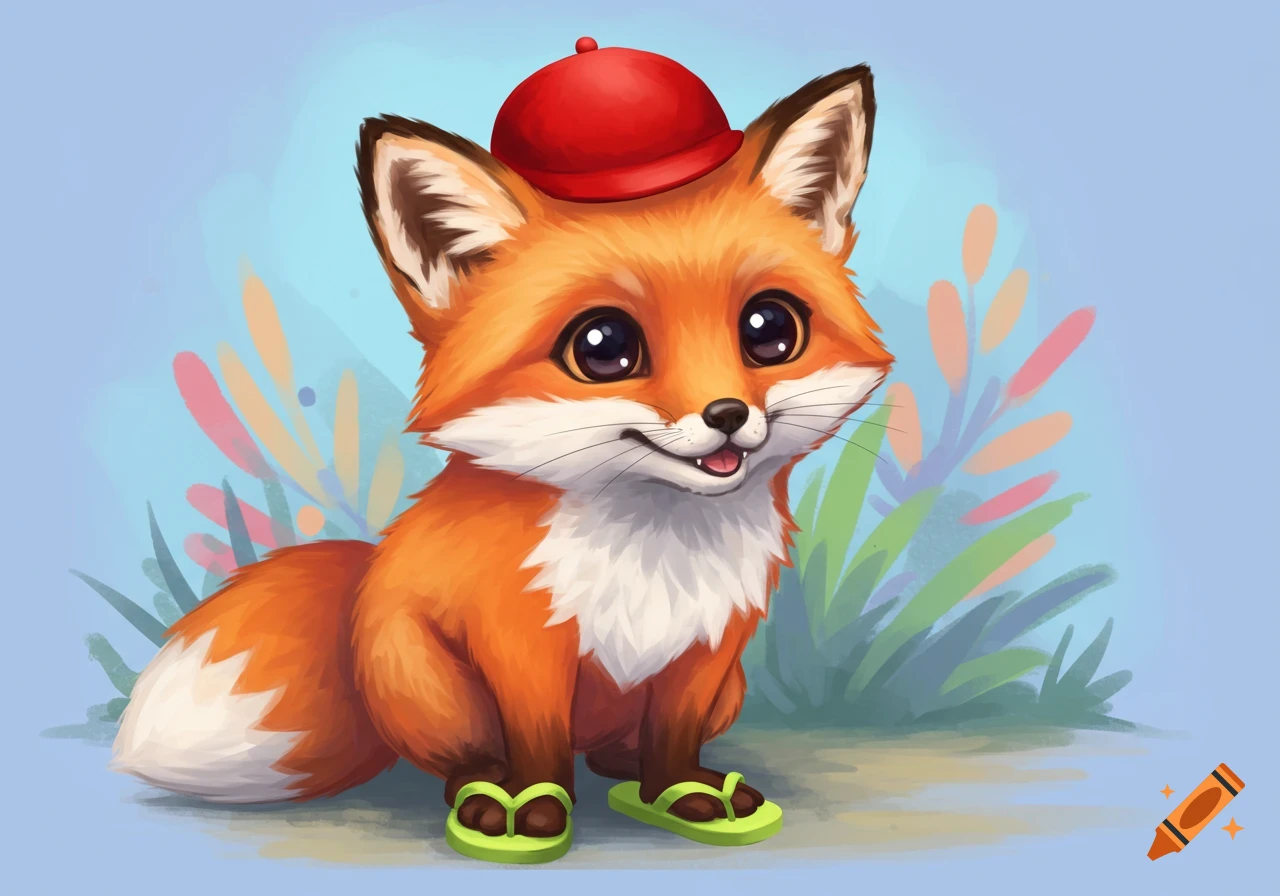 Cute cartoon fox wearing a red hat and flip flops