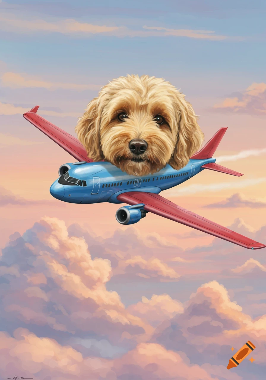 A goldendoodle head on an airplane body flies through clouds.