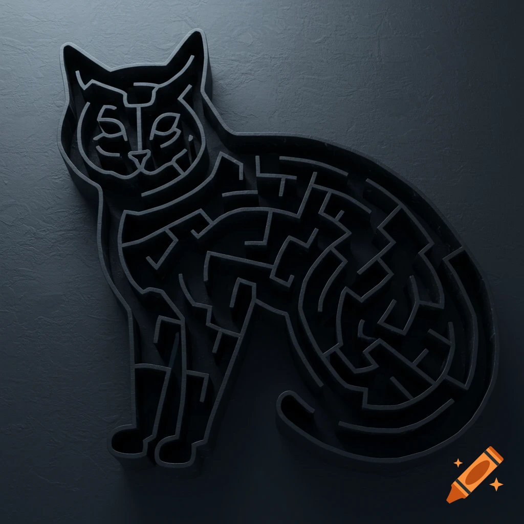 A dark grey 3D maze shaped like a sitting cat on a textured background.