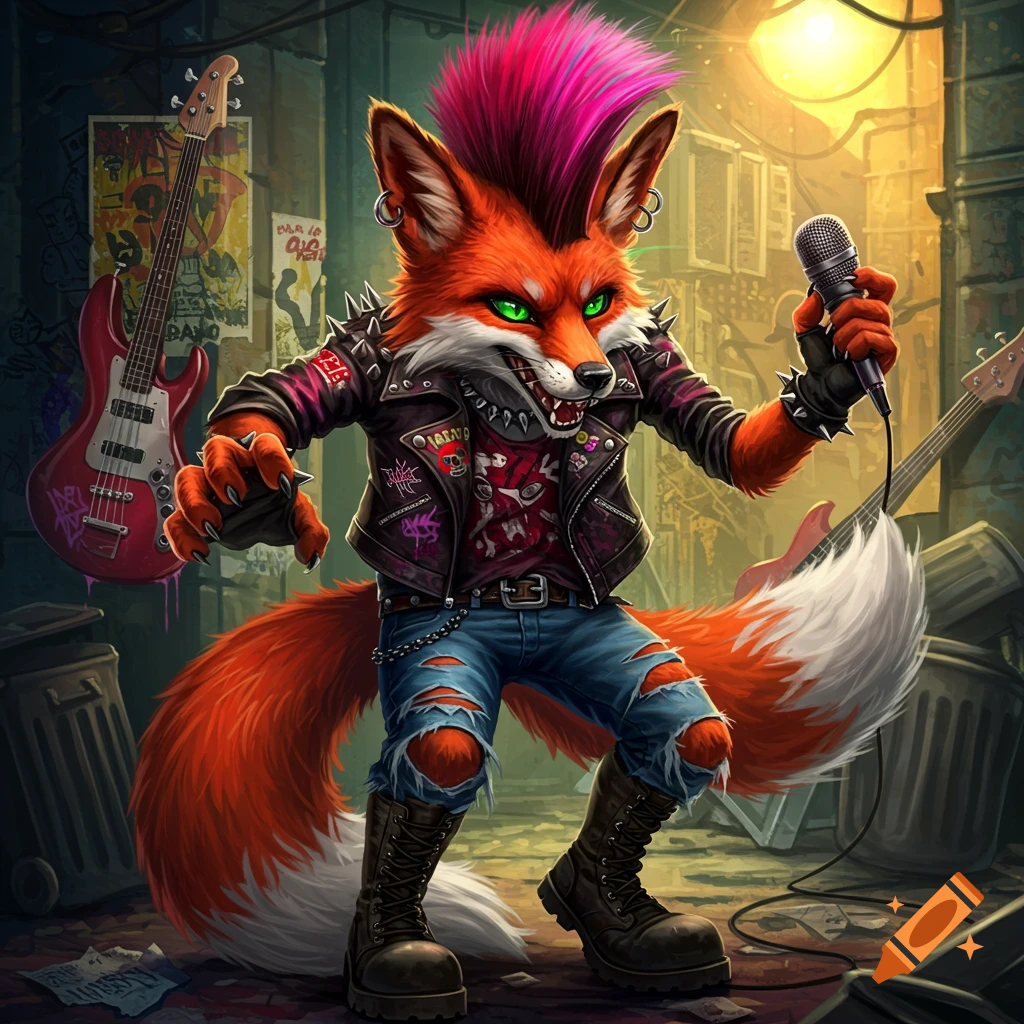 A punk rock fox with a pink mohawk, leather jacket, ripped jeans, holding a microphone, with guitars and street trash in the background.