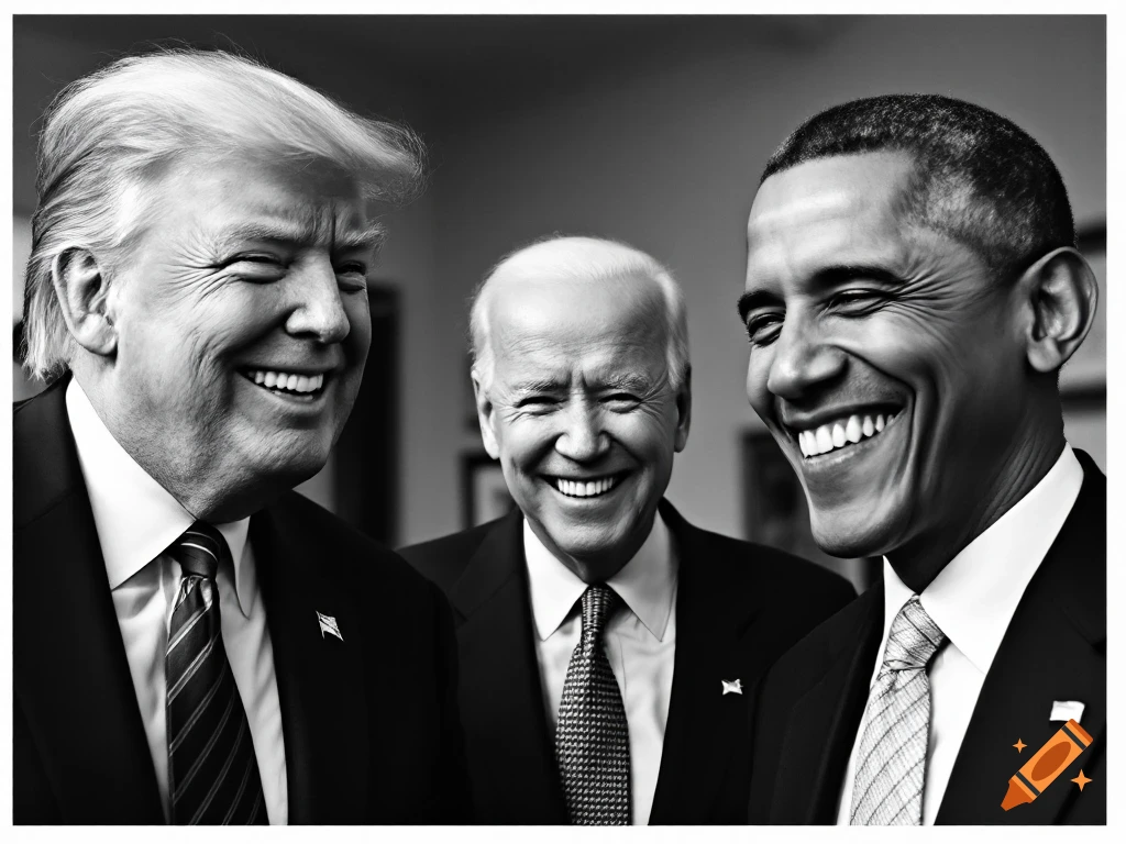 Black and white portrait of Donald Trump, Joe Biden, and Barack Obama smiling in suits.