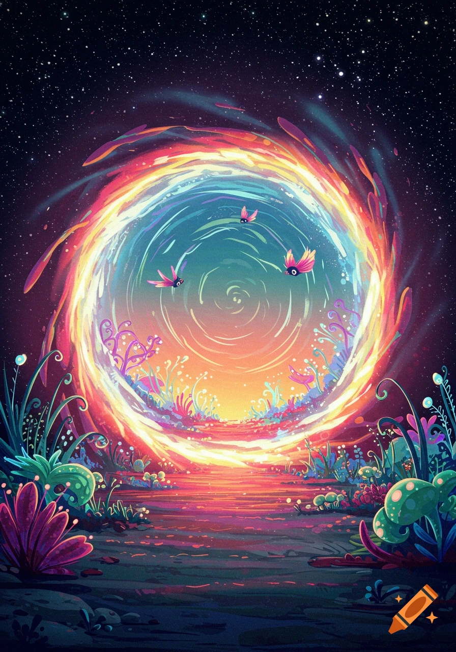 Colorful, swirling portal opening to a strange alien world with glowing plants and flying creatures under a starry sky.