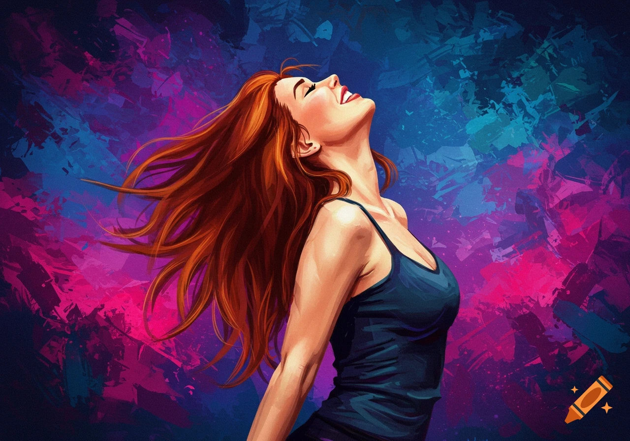 A woman with red hair and head tilted back against a colorful, abstract background.