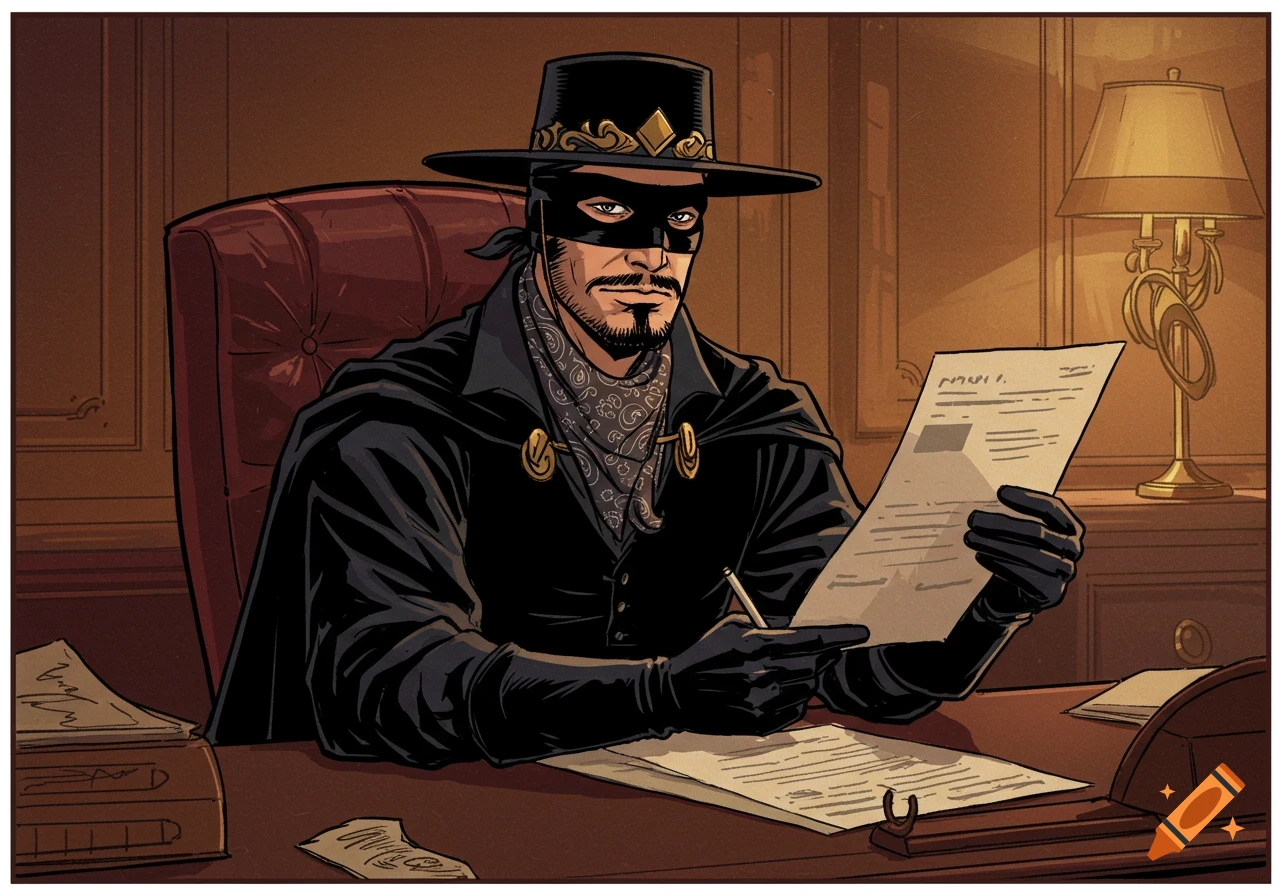 Zorro reading a document at a desk