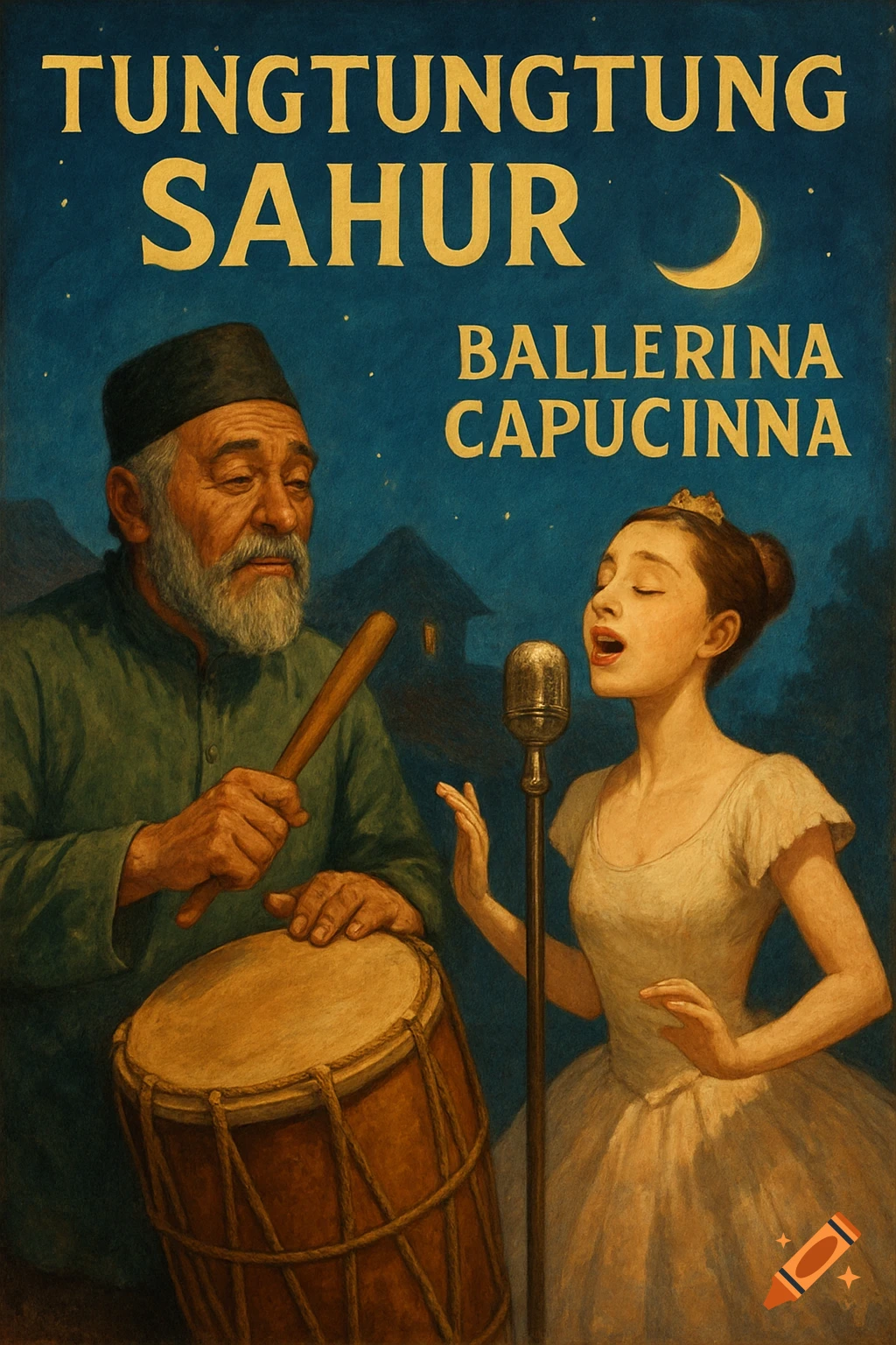 A man playing a drum next to a young woman singing into a microphone under a starry night sky with text.