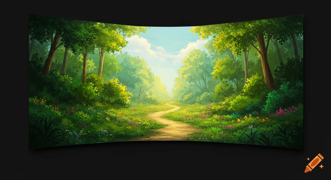 A winding path through a sunlit forest with green trees and colorful flowers, displayed on a curved screen.