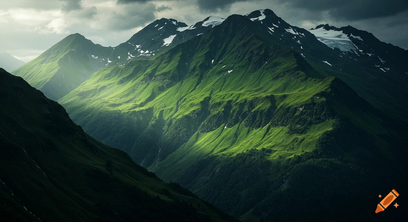 Dramatic, sunlit green mountain range under stormy sky