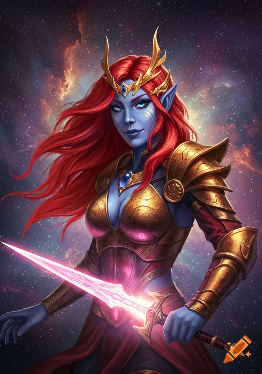 Blue-skinned fantasy warrior queen with red hair in gold armor holding a glowing sword, set against a galaxy.