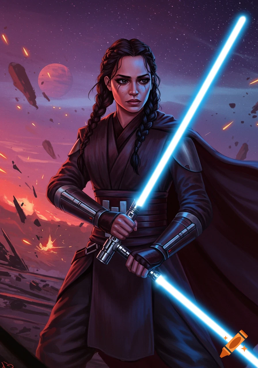 A woman holding two blue light sabers in a space battle.